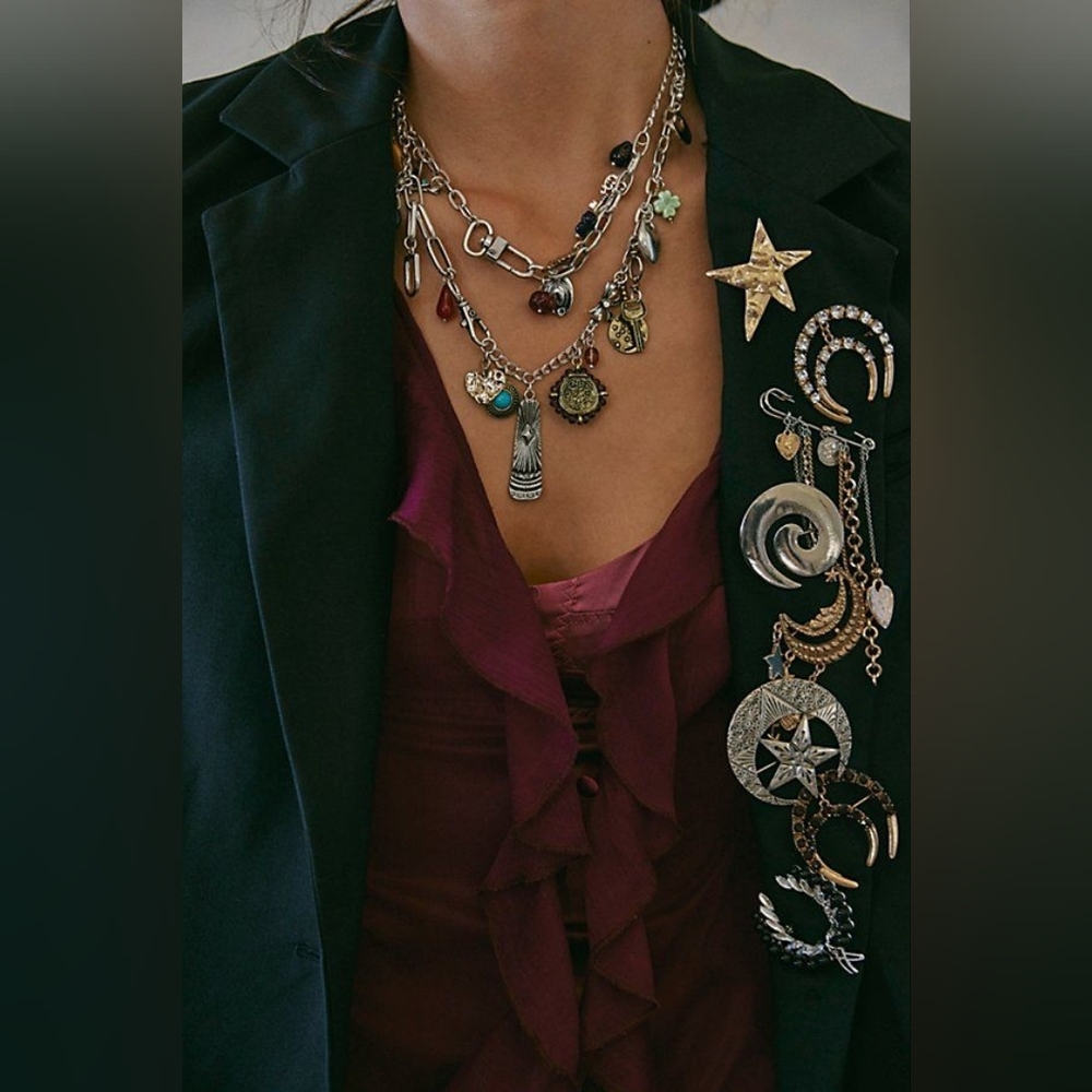 Free People Silver-Toned Multi-Charm Necklace with Colorful Gem Accents - Picture 2 of 6